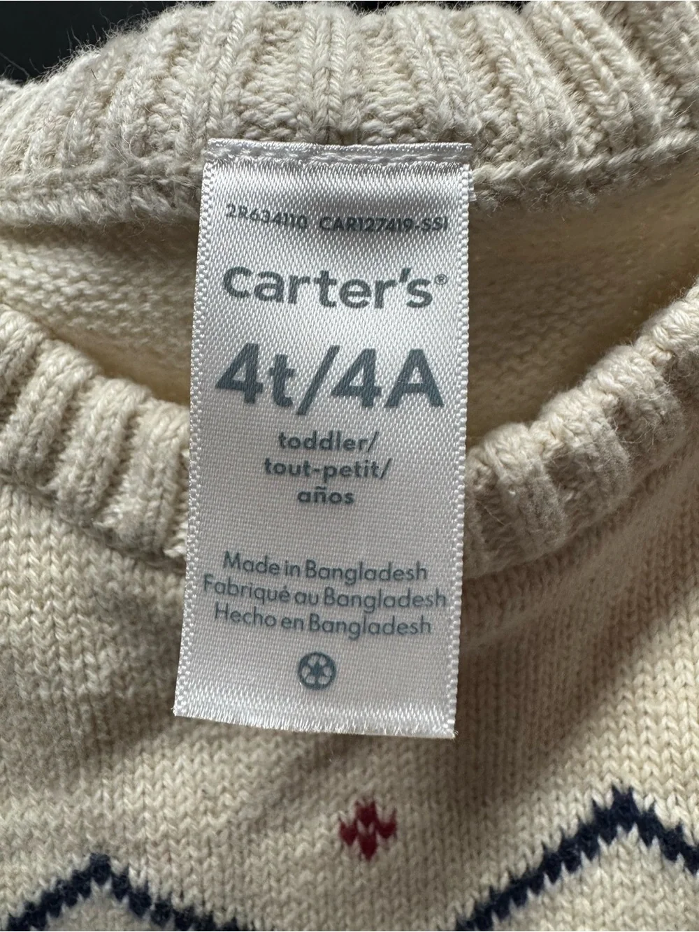 Carter's Cream Sweater with Festive Reindeer and Geometric Pattern